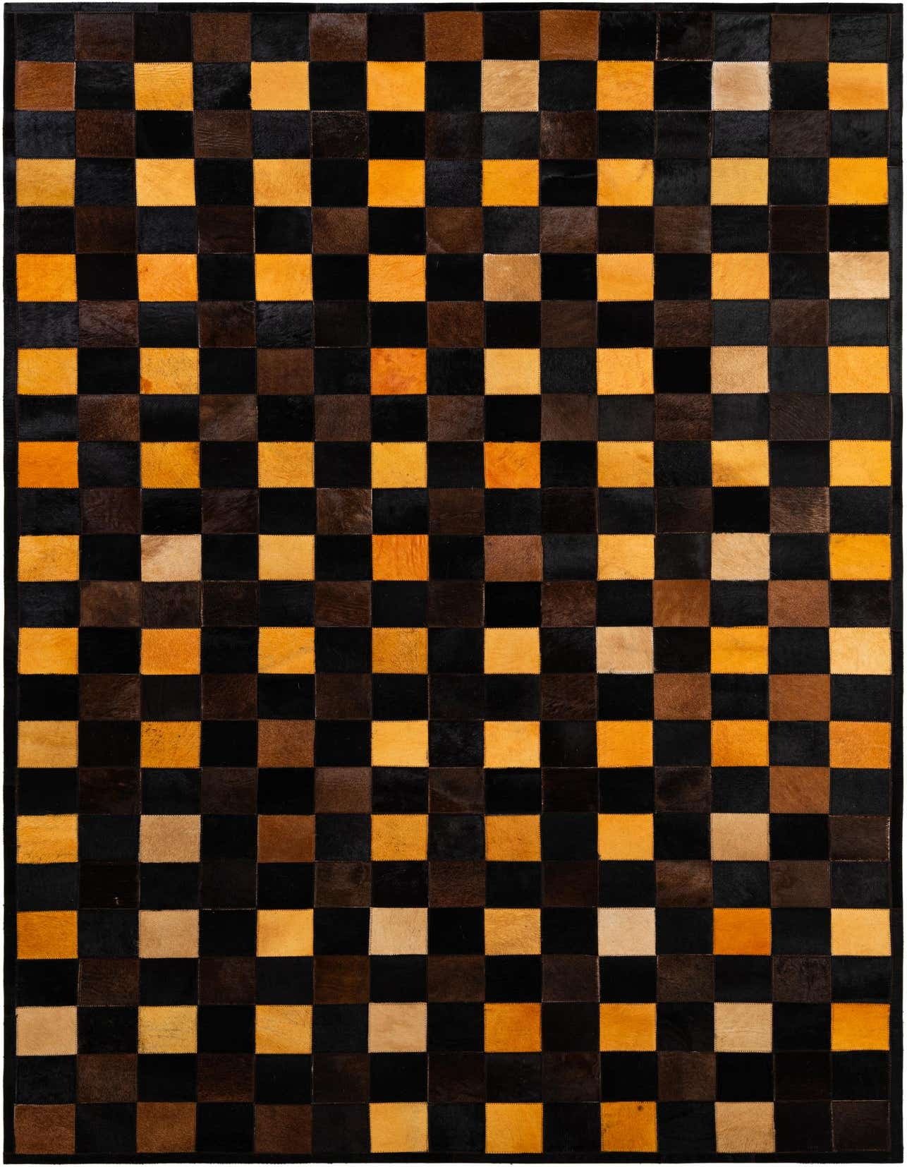A 5x8 rectangular Cowhide Patchwork rug featuring a modern checkerboard pattern in varying shades of brown, tan, and black.