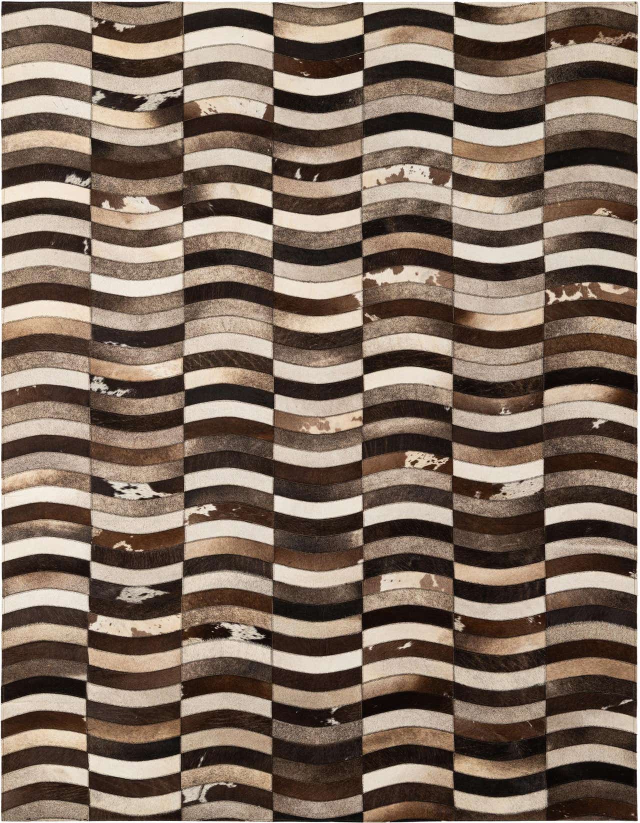 A 5x8 rectangular Cowhide - Patchwork rug featuring a modern wavy stripe pattern in varying shades of brown, tan, and cream.
