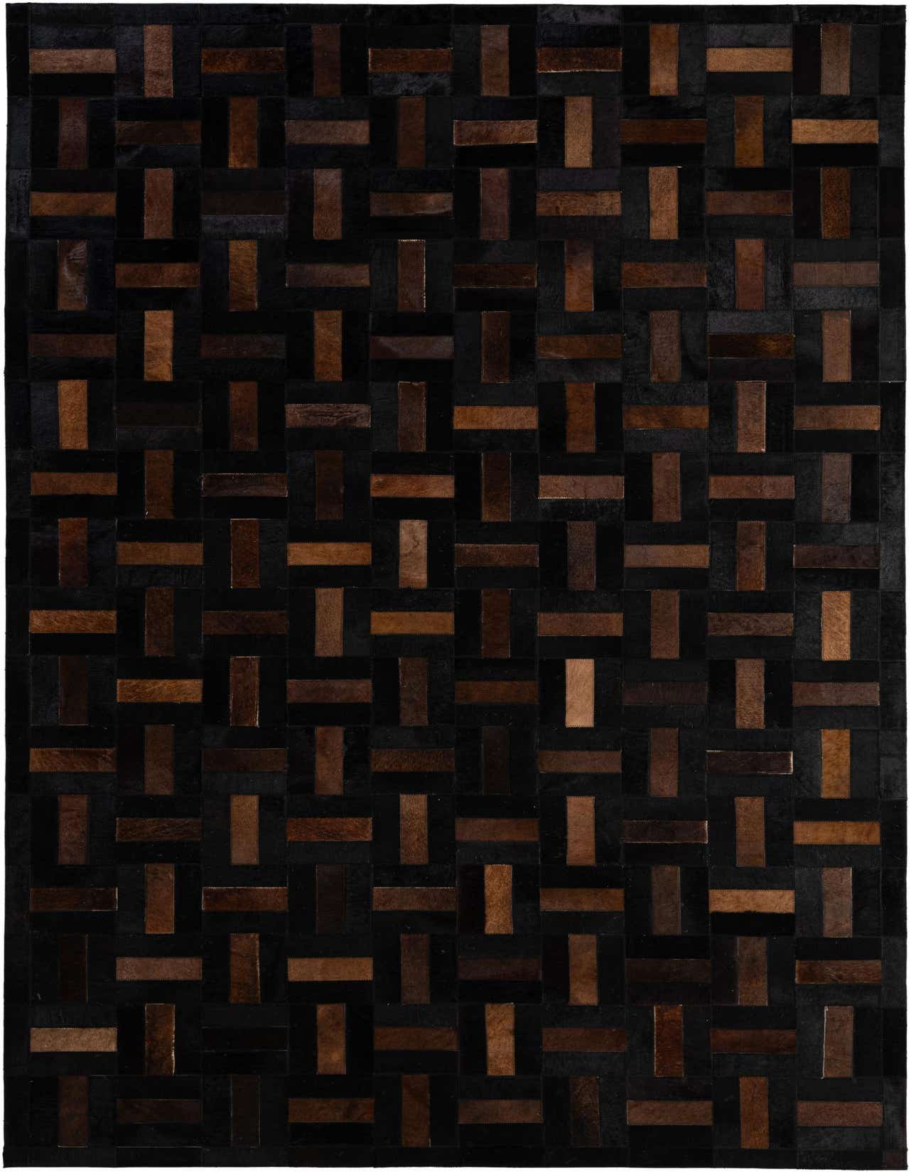 A 5x8 rectangular Cowhide Patchwork rug featuring a modern stripe pattern in varying shades of brown and tan.