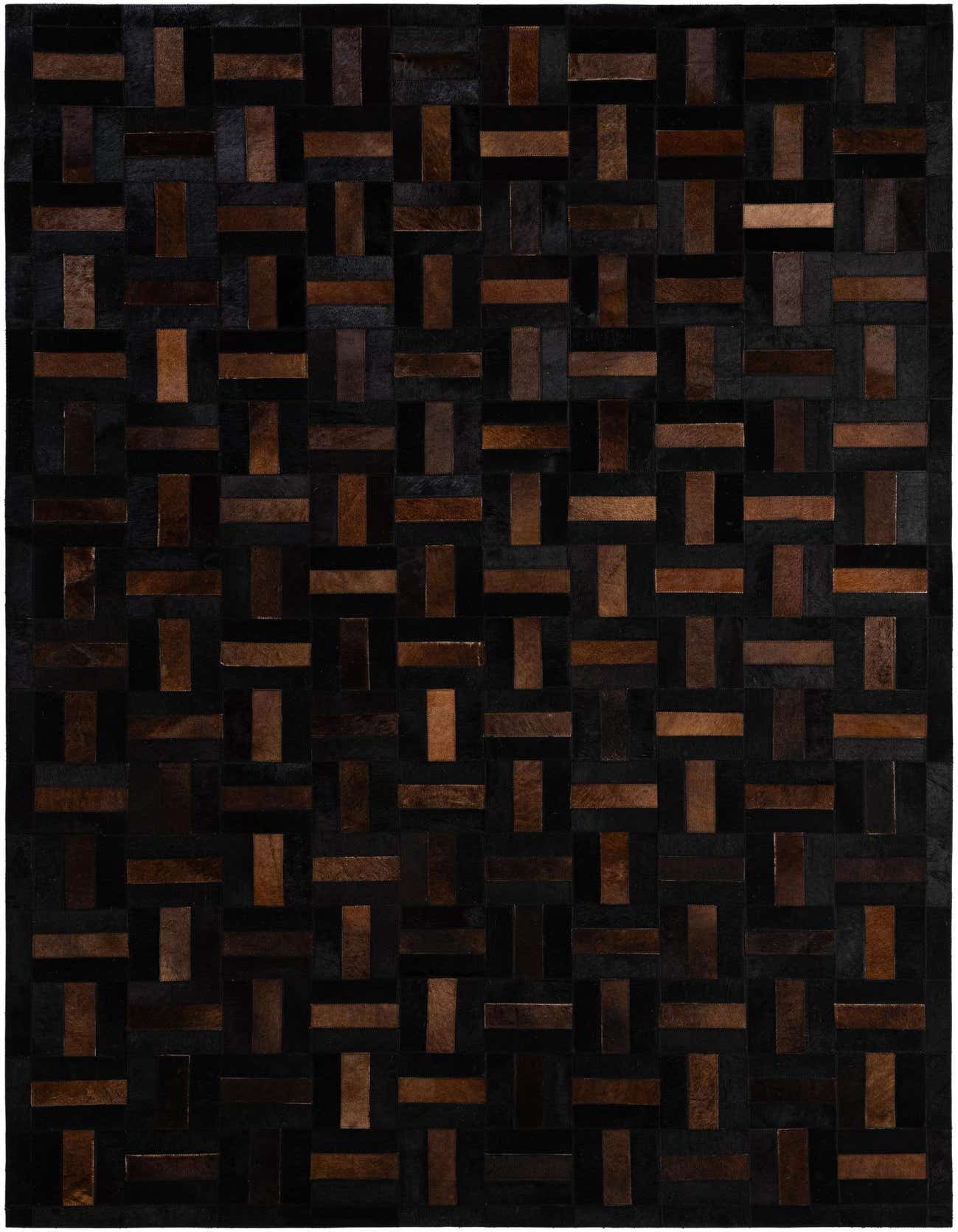 A rectangular 5x8 Cowhide - Patchwork rug featuring a modern stripe pattern in varying shades of brown and tan.