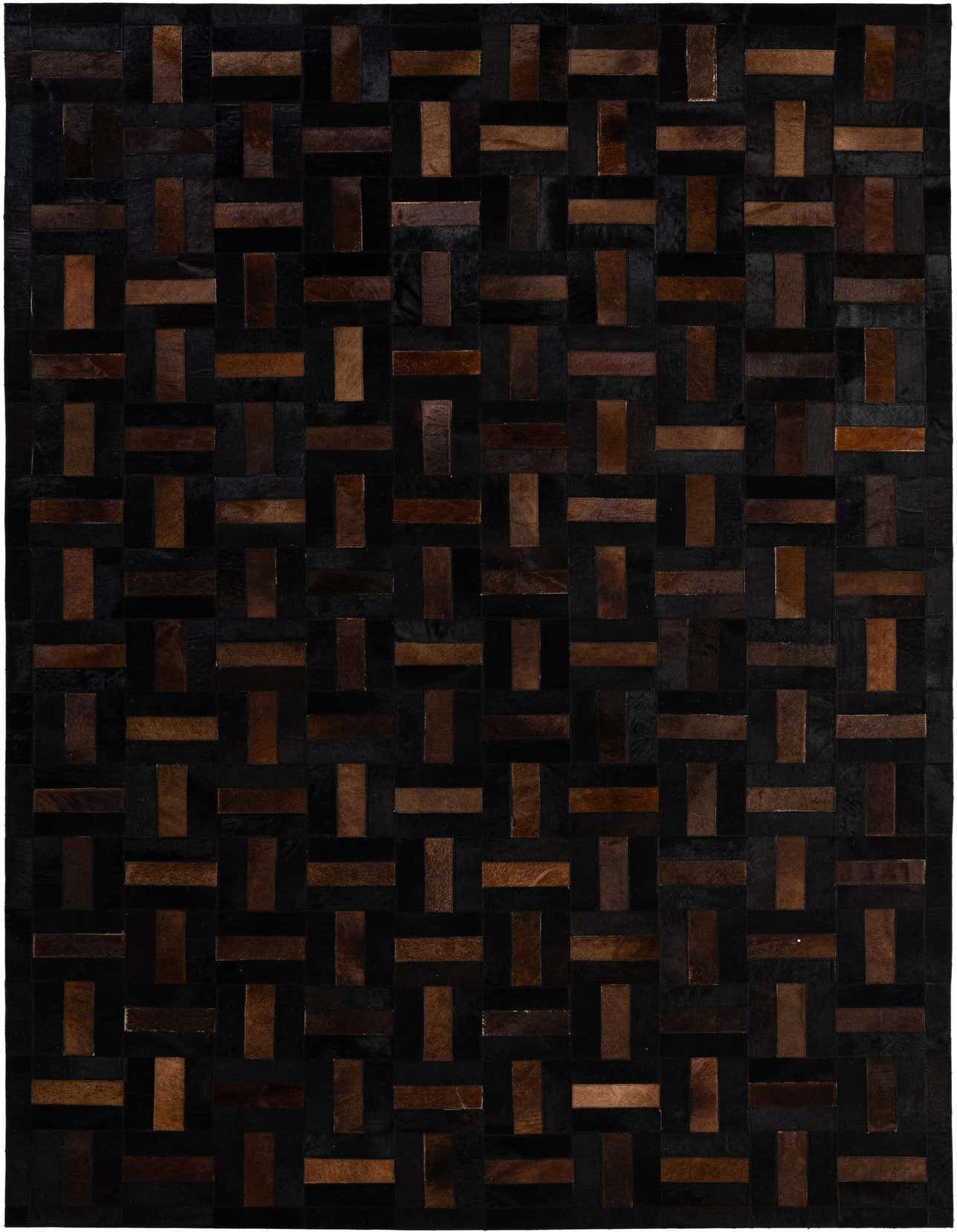 A 5x8 rectangular Cowhide & Leather rug featuring a modern stripe patchwork pattern in varying shades of brown and tan.