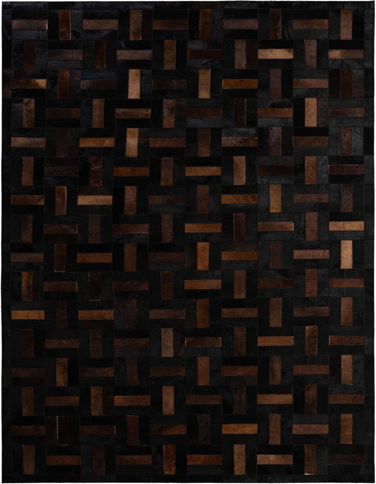 A 5x8 rectangular Cowhide - Patchwork rug featuring a modern stripe pattern in varying shades of brown and tan.