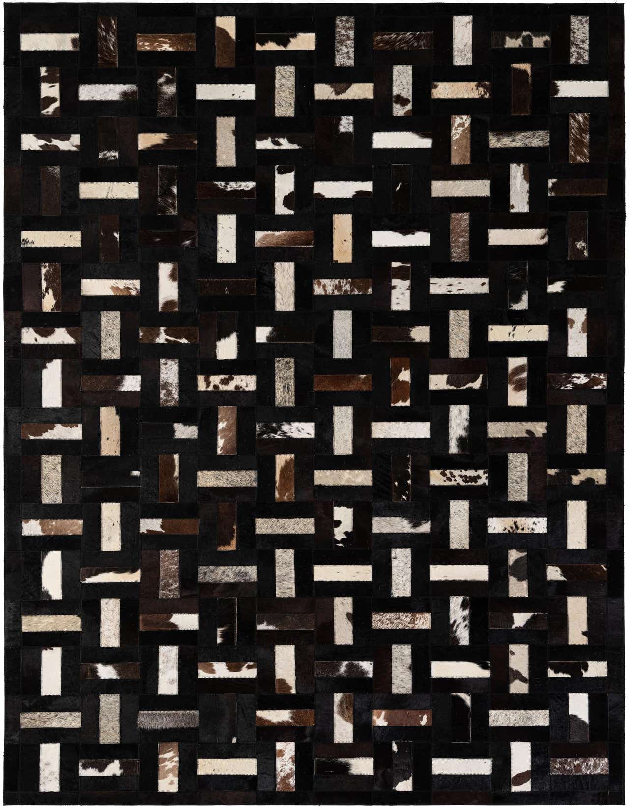 A 5x8 rectangular Cowhide Patchwork rug featuring a modern stripe pattern in various shades of brown, tan, black, and white.