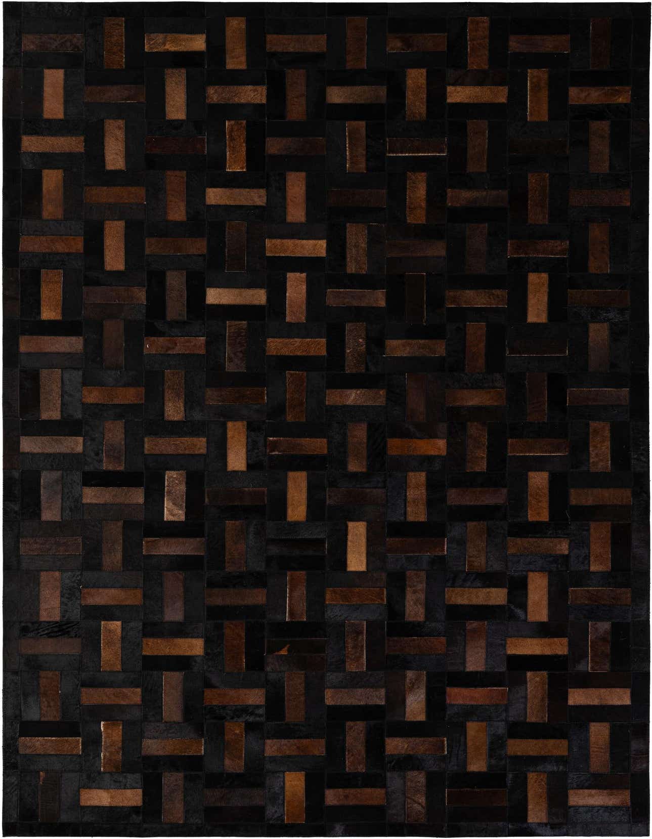 A 5x8 rectangular Cowhide Patchwork rug featuring a modern stripe pattern in varying shades of brown and tan.