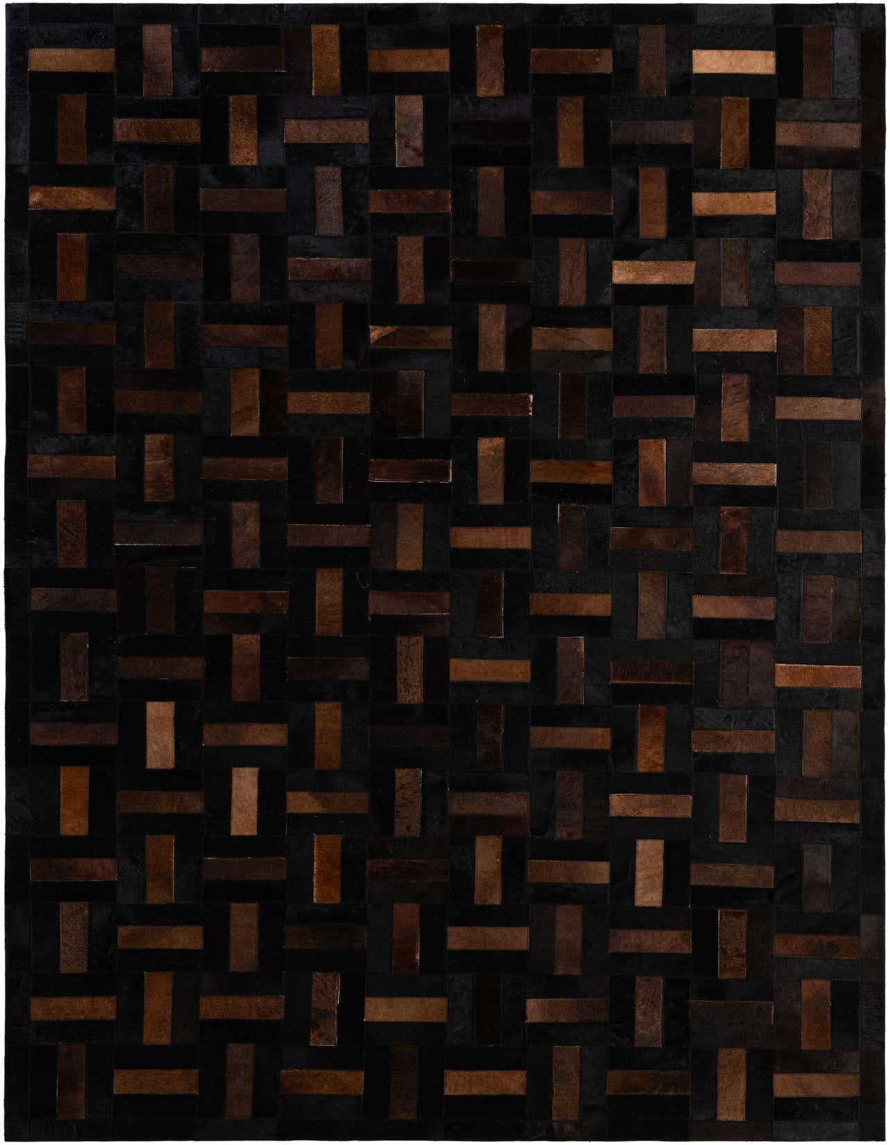 A 5x8 rectangular Cowhide Patchwork rug featuring a modern stripe pattern in varying shades of brown and tan.