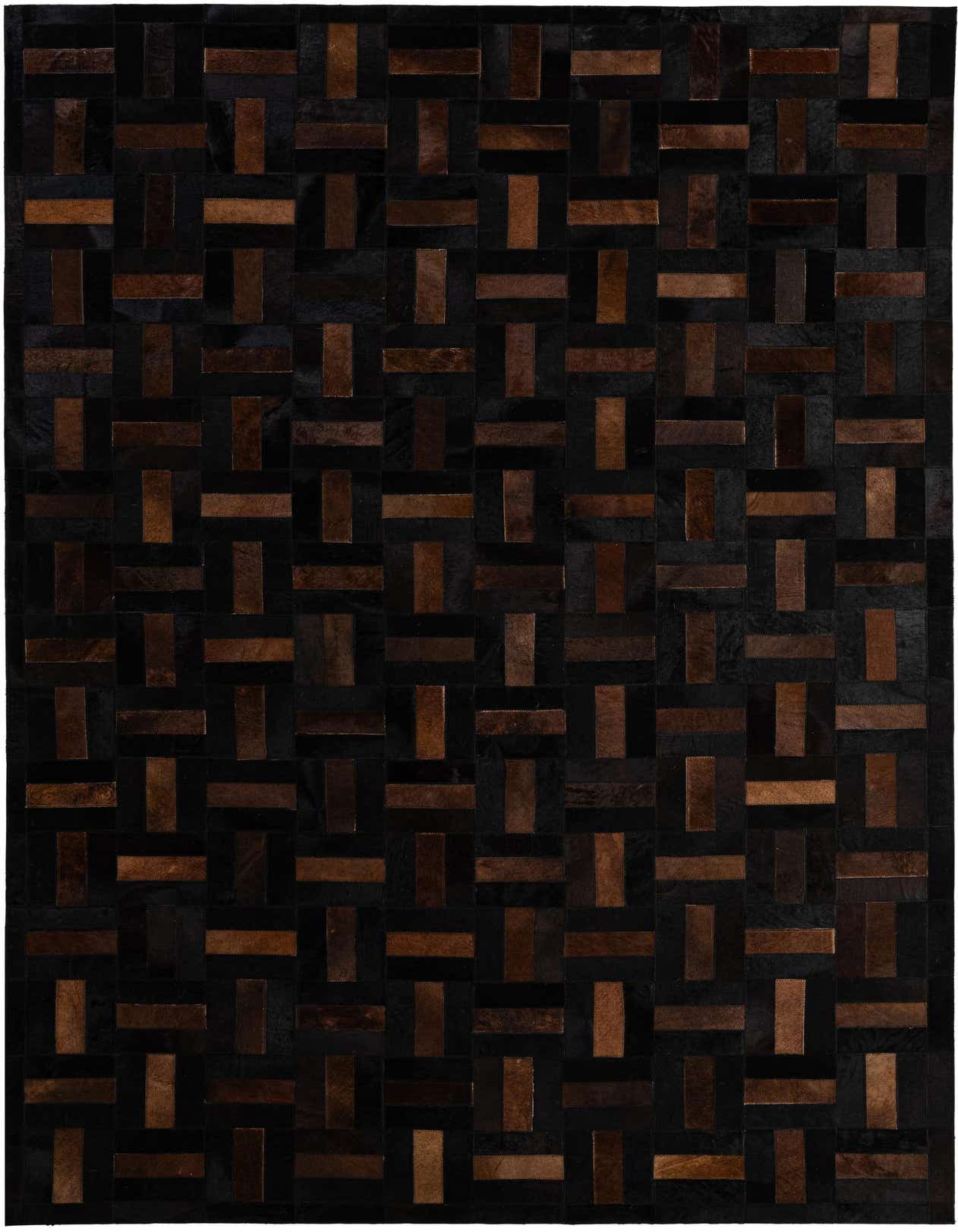 A 5x8 rectangular Cowhide Patchwork rug featuring a modern stripe pattern in varying shades of brown and tan.