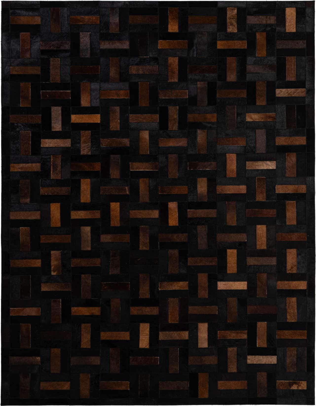 A 5x8 rectangular Cowhide & Leather rug featuring a modern stripe pattern in varying shades of brown and tan.