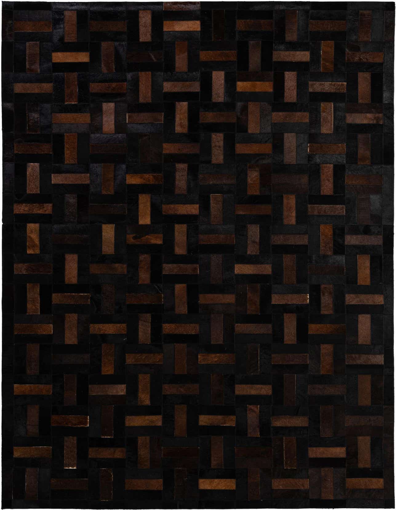 A 5x8 rectangular Cowhide - Patchwork rug featuring a modern stripe pattern in varying shades of brown and tan.