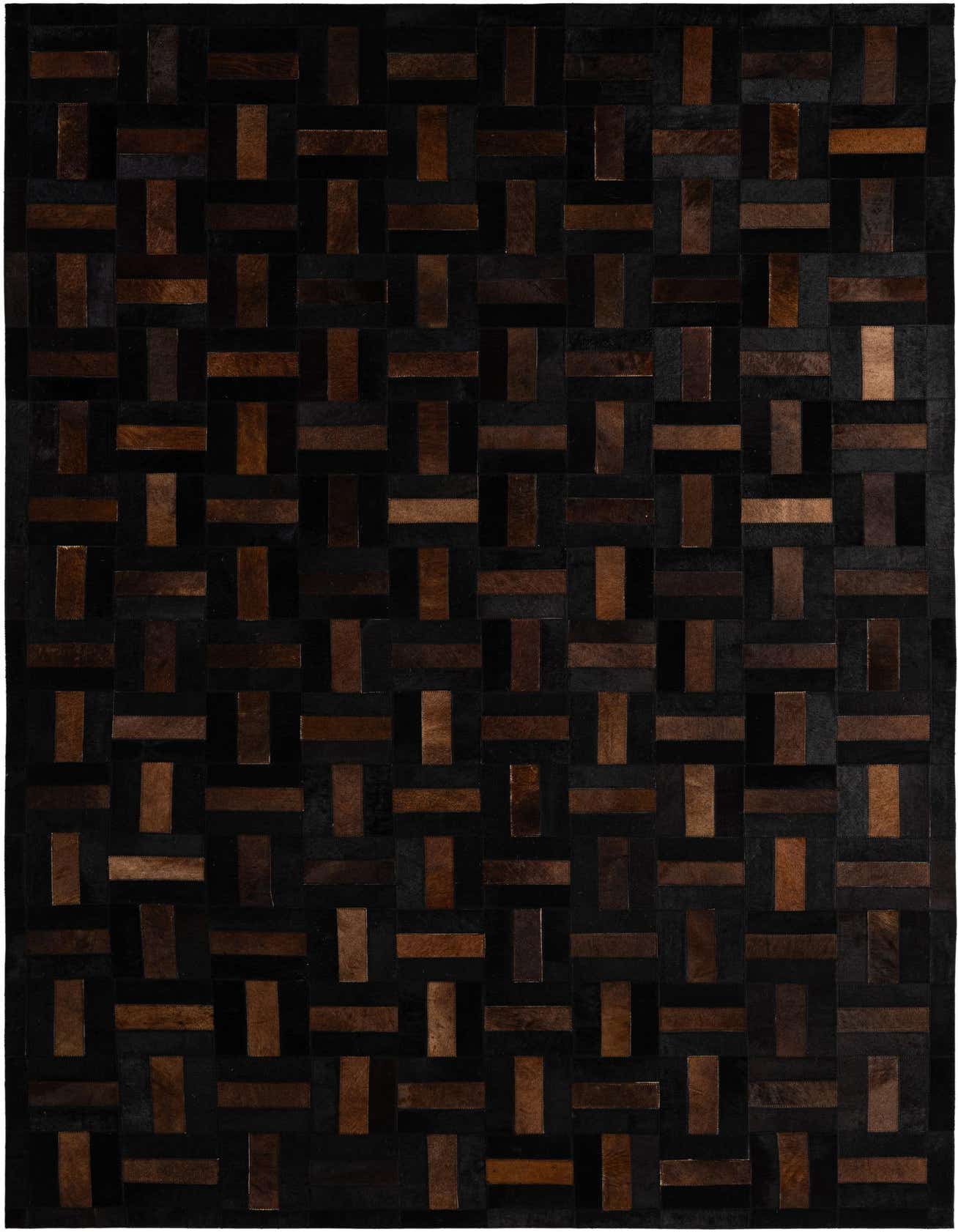 A 5x8 rectangular Cowhide Patchwork rug featuring a modern stripe pattern in varying shades of brown and tan.