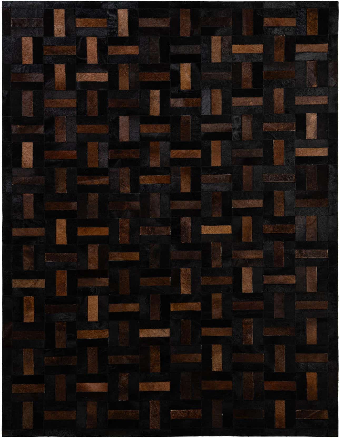 A 5x8 rectangular Cowhide Patchwork rug featuring a modern geometric pattern of varying brown and tan leather rectangles on a dark background.