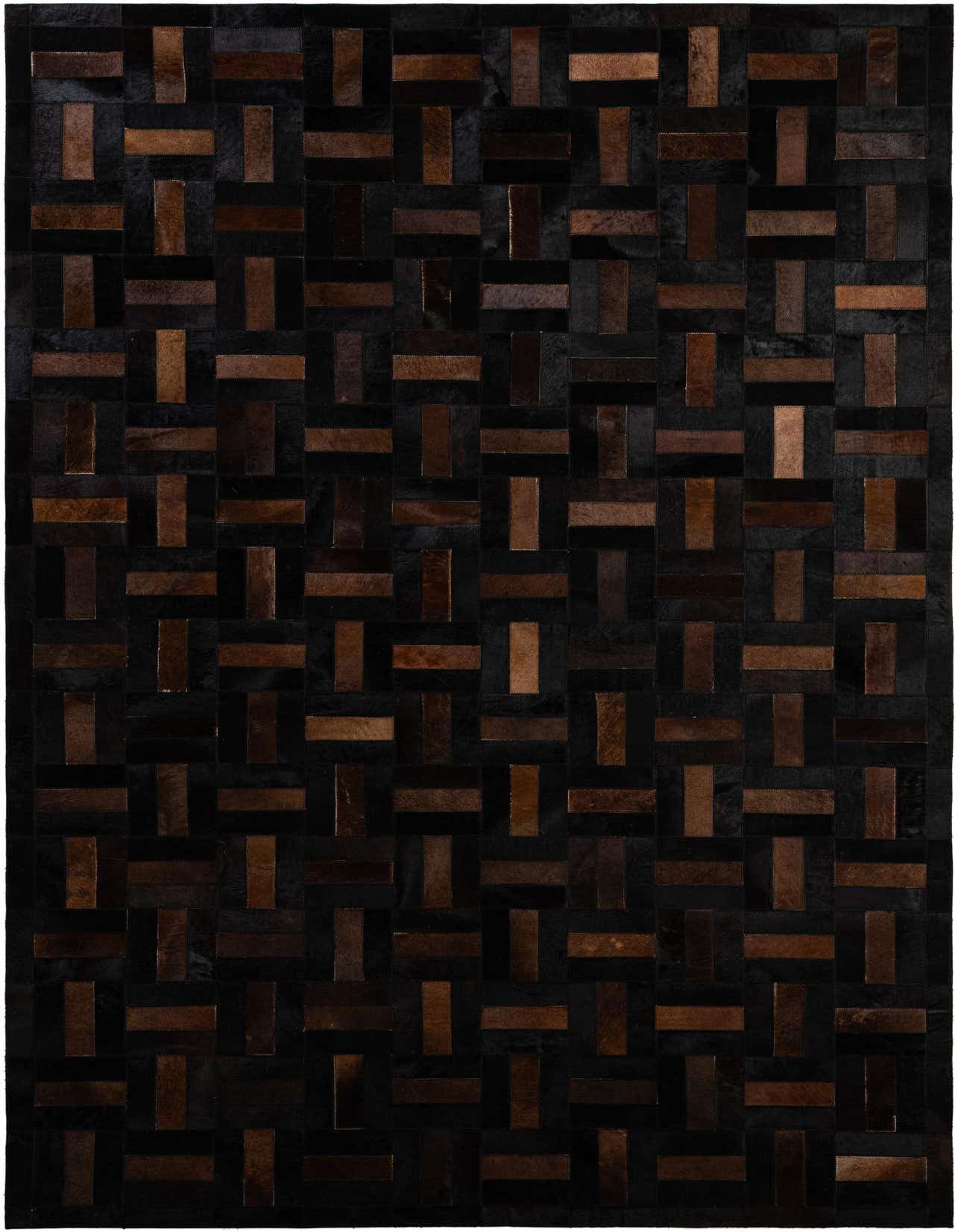 A 5x8 rectangular Cowhide - Patchwork rug featuring a modern geometric pattern of brown and tan leather rectangles on a dark background.
