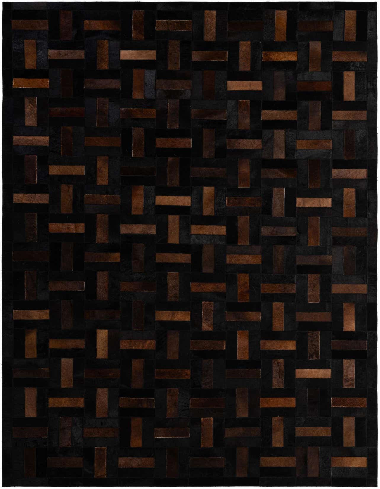 A 5x8 rectangular Cowhide Patchwork rug featuring a modern geometric pattern of varying brown and tan leather rectangles on a dark background.