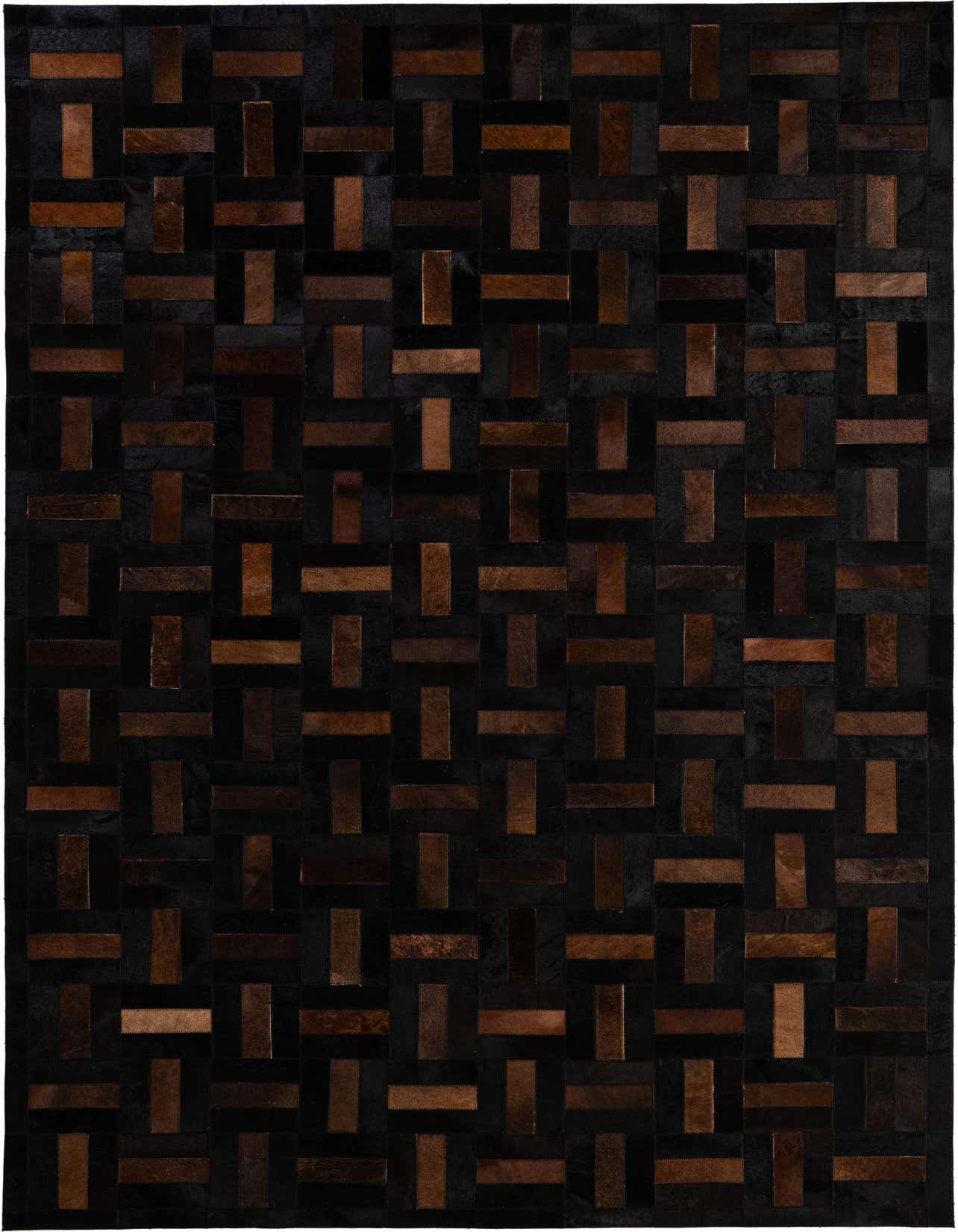 A 5x8 rectangular Cowhide Patchwork rug featuring a modern stripe pattern in varying shades of brown and tan.