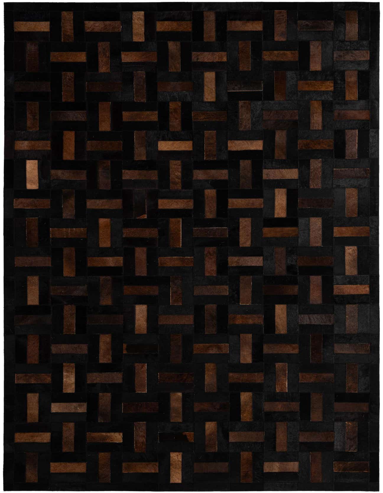 A 5x8 rectangular Cowhide Patchwork rug featuring a modern geometric pattern of varying brown and tan leather rectangles on a dark background.