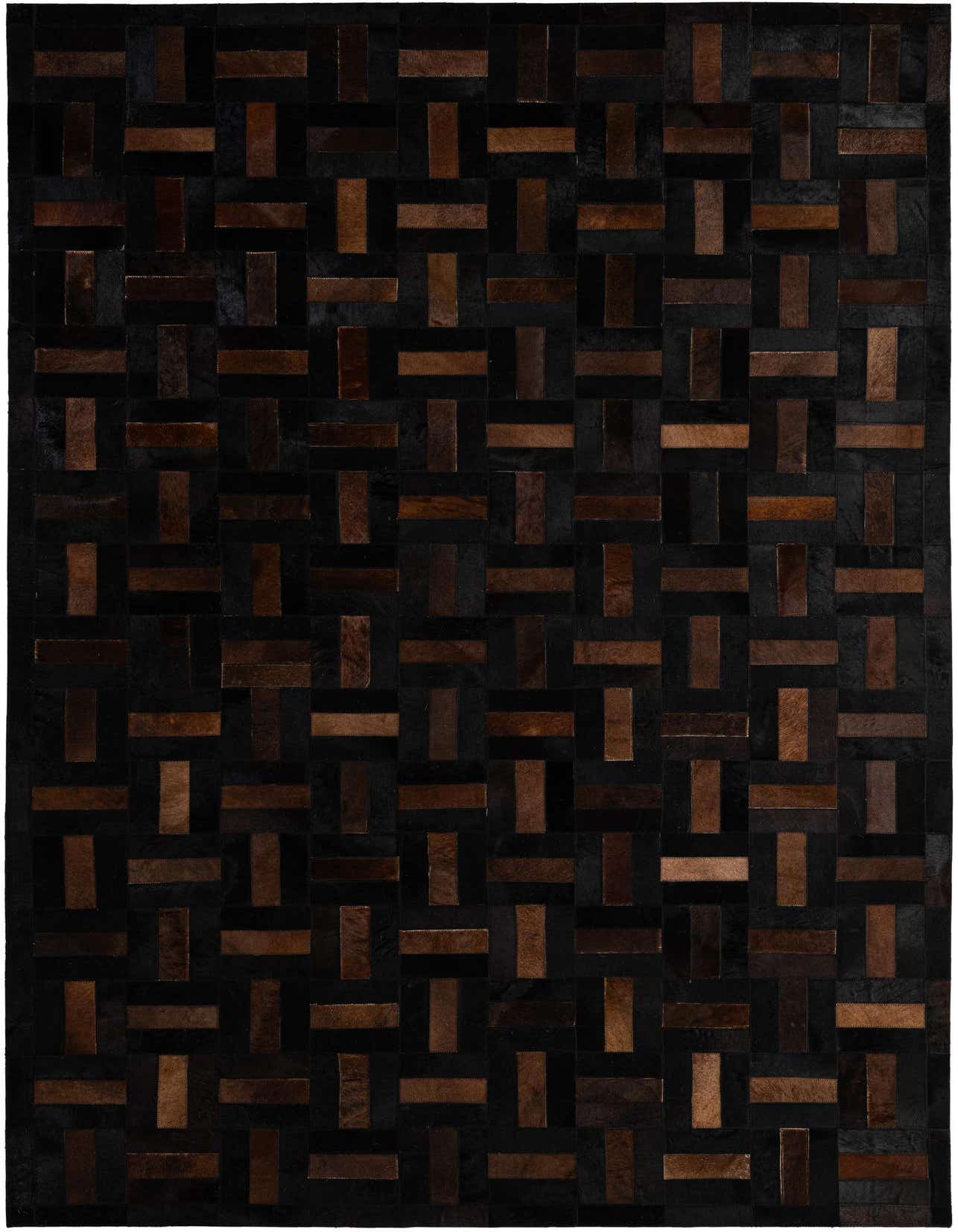 A 5x8 rectangular Cowhide - Patchwork rug featuring a modern stripe pattern in varying shades of brown and tan.