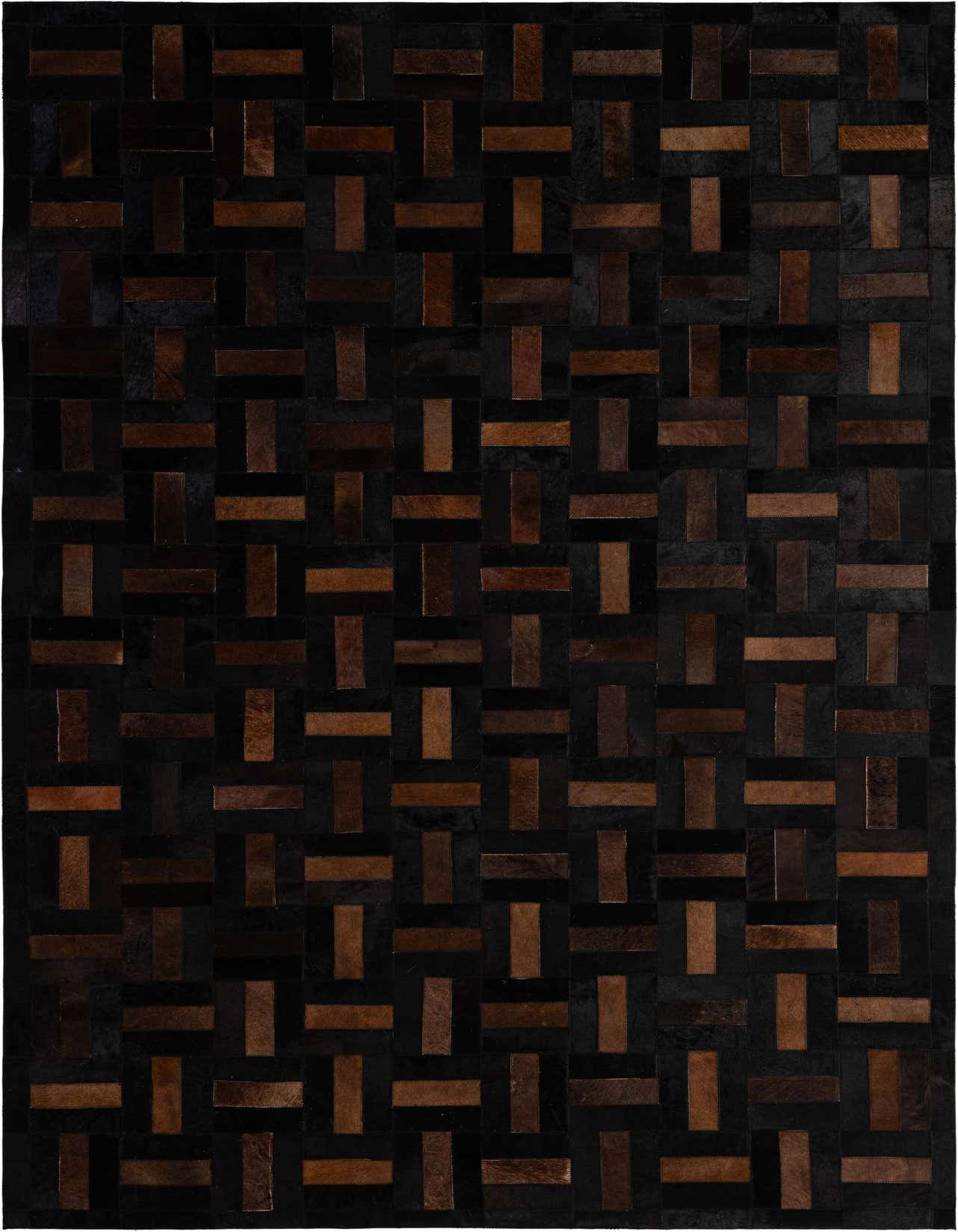 A 5x8 rectangular Cowhide - Patchwork rug featuring a modern geometric pattern of varying brown and tan leather rectangles on a dark background.