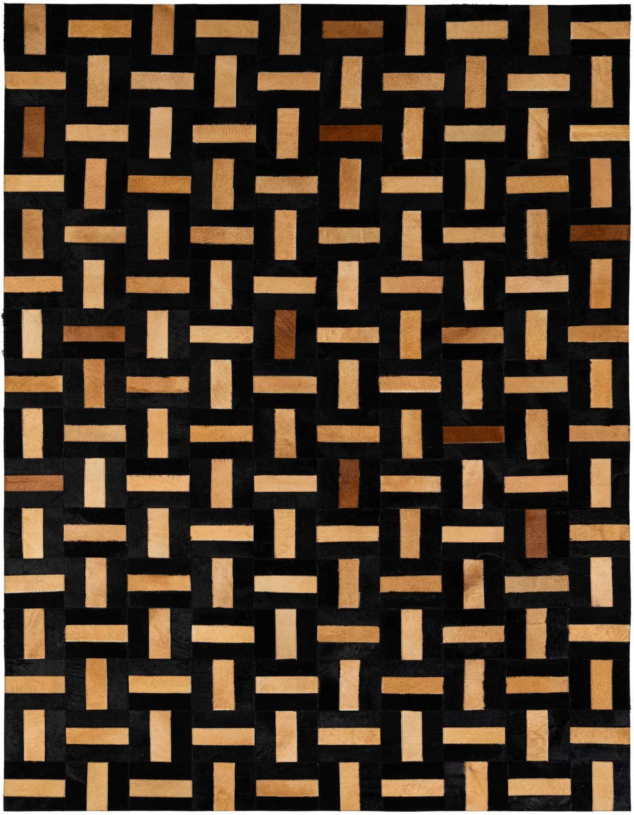 A 5x8 rectangular cowhide rug featuring a modern stripe pattern of brown and tan patches on a black background.