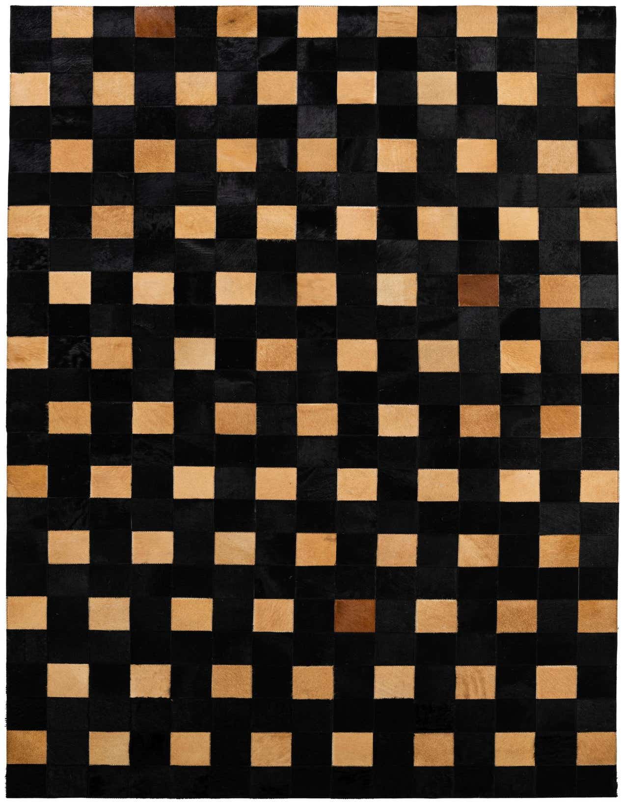 A 5x8 rectangular Cowhide - Patchwork rug featuring a modern checkerboard pattern of alternating black and natural brown cowhide squares.