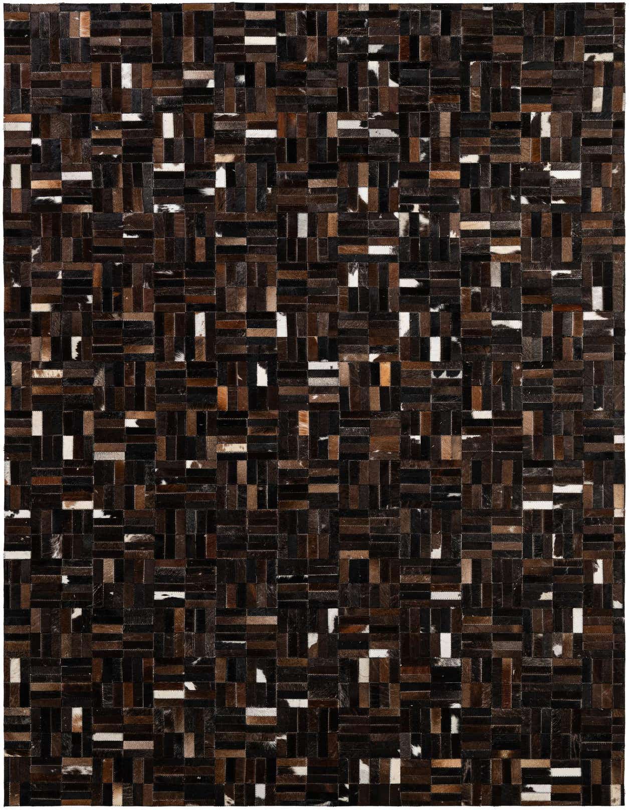 A 5x8 rectangular Cowhide Patchwork rug featuring a modern stripe pattern in various shades of brown, tan, and white.