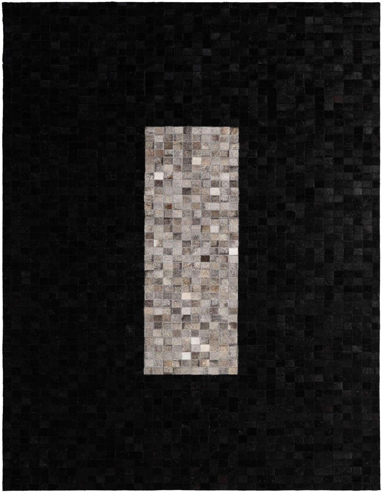 A 5x8 rectangular Cowhide Patchwork rug featuring a modern design with a central rectangular panel of brown and tan squares, surrounded by solid black squares.
