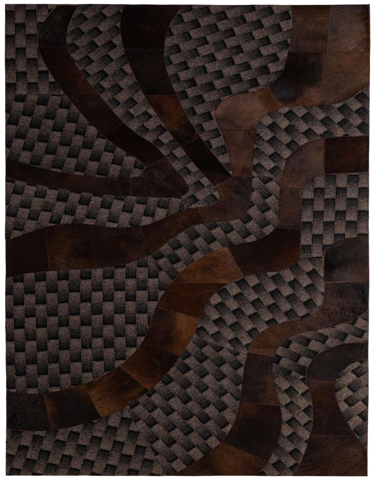 A 5x8 rectangular brown and tan cowhide rug with an abstract patchwork design, featuring wavy leather strips.