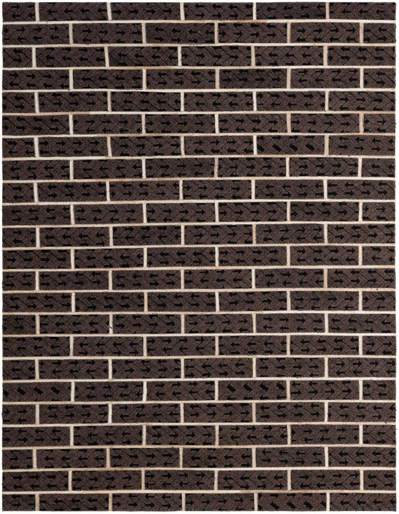 A rectangular 5x8 brown cowhide rug with a modern stripe pattern resembling bricks, suitable for an indoor living room.