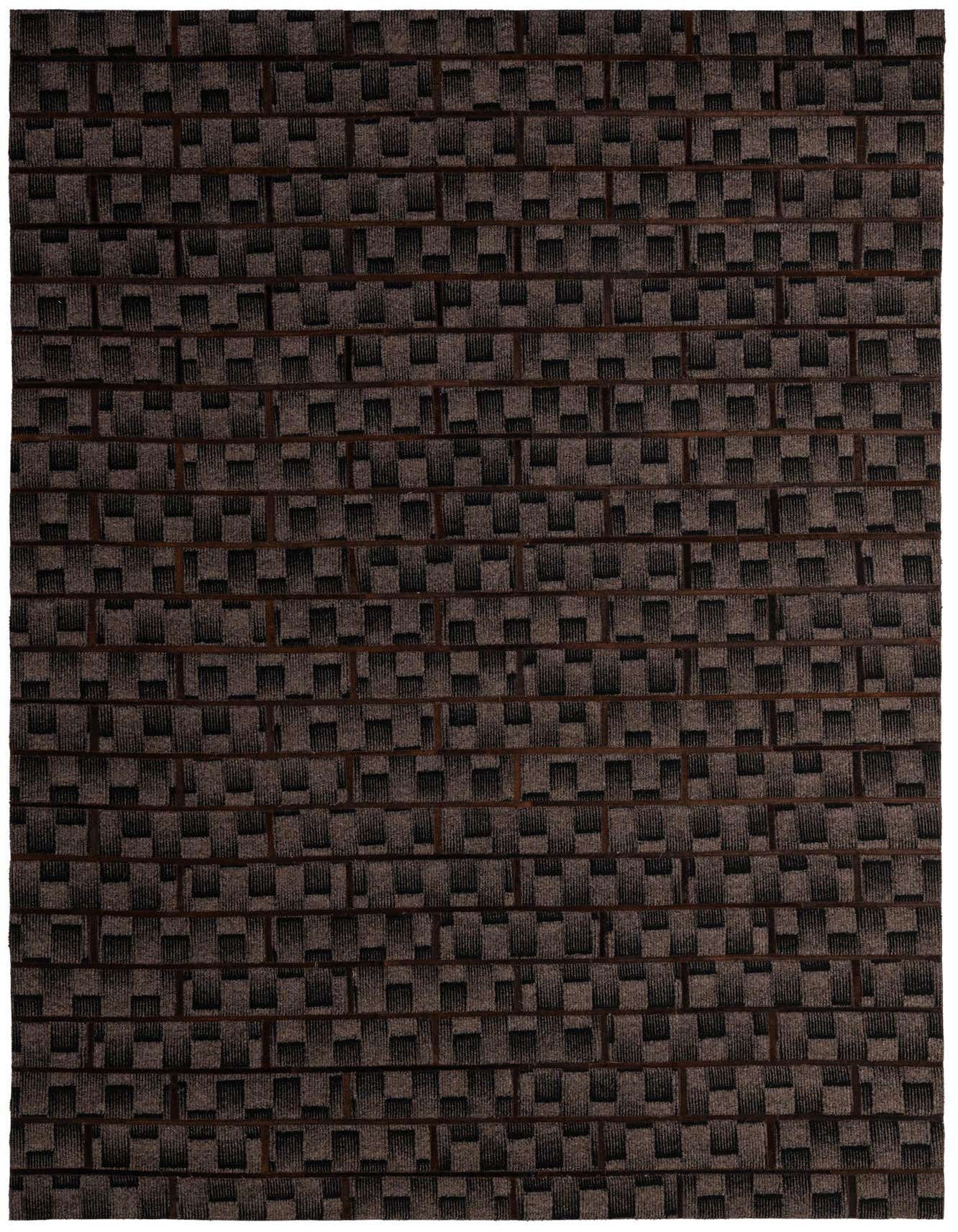 A 5x8 rectangular Cowhide - Patchwork rug featuring a modern, abstract pattern of varying brown and tan squares and rectangles.