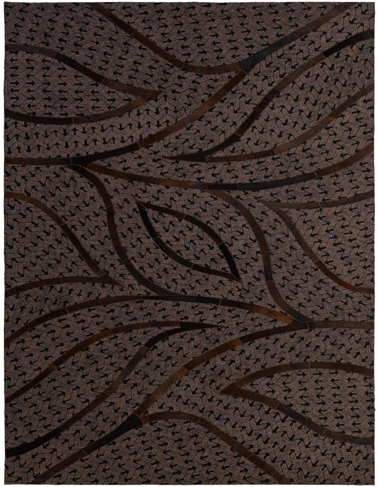 A 5x8 rectangular brown and tan cowhide rug with an abstract modern pattern of dark brown leather waves over a textured tan background.