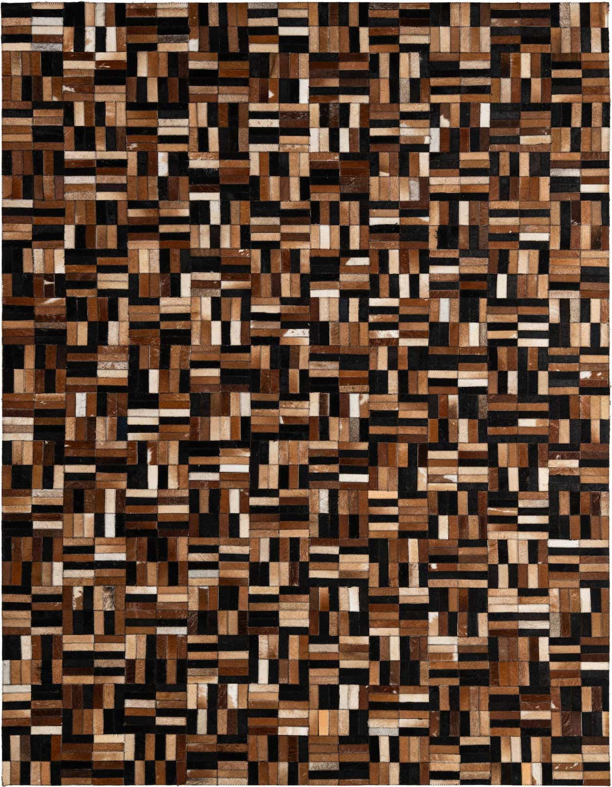 A rectangular 5x8 Cowhide Patchwork rug featuring a modern stripe pattern in various shades of brown, tan, and black.