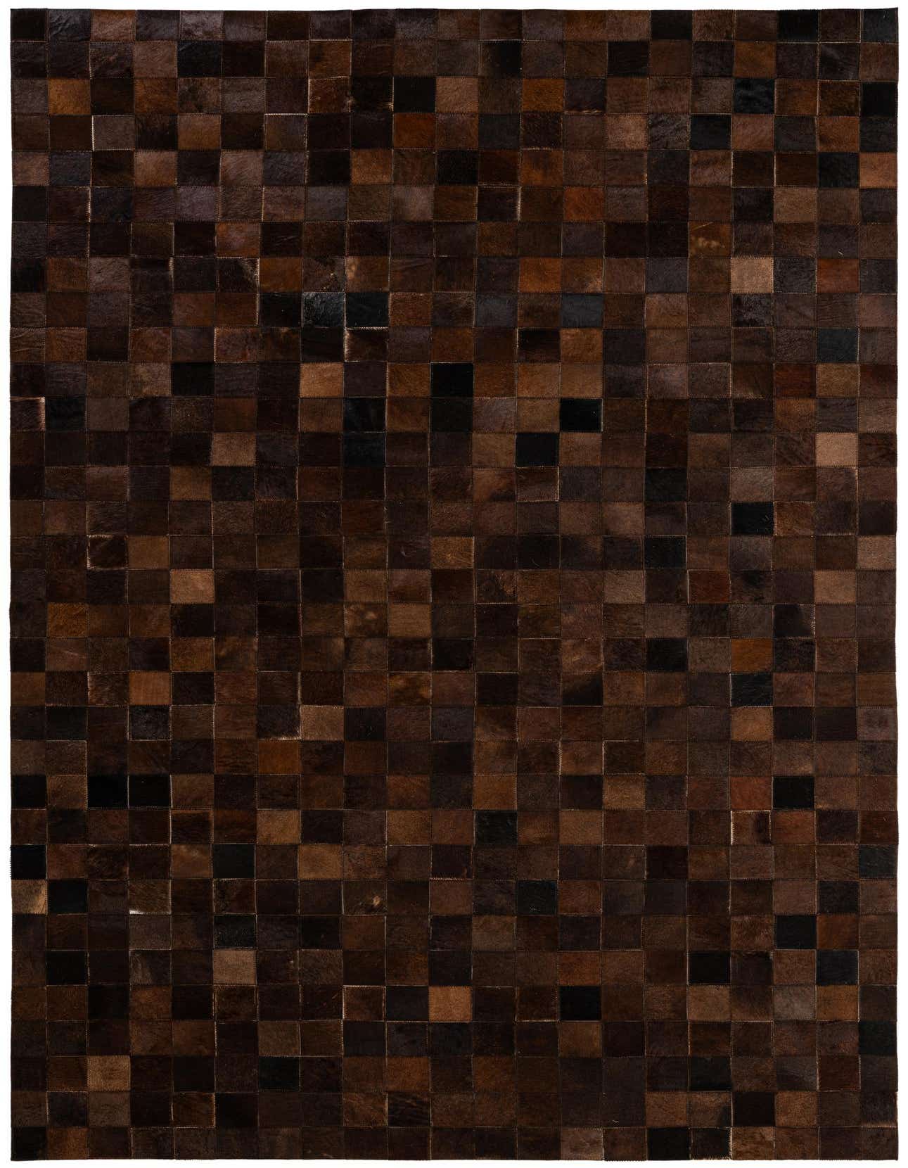 A rectangular 5x8 modern patchwork cowhide rug featuring various shades of brown and tan squares.