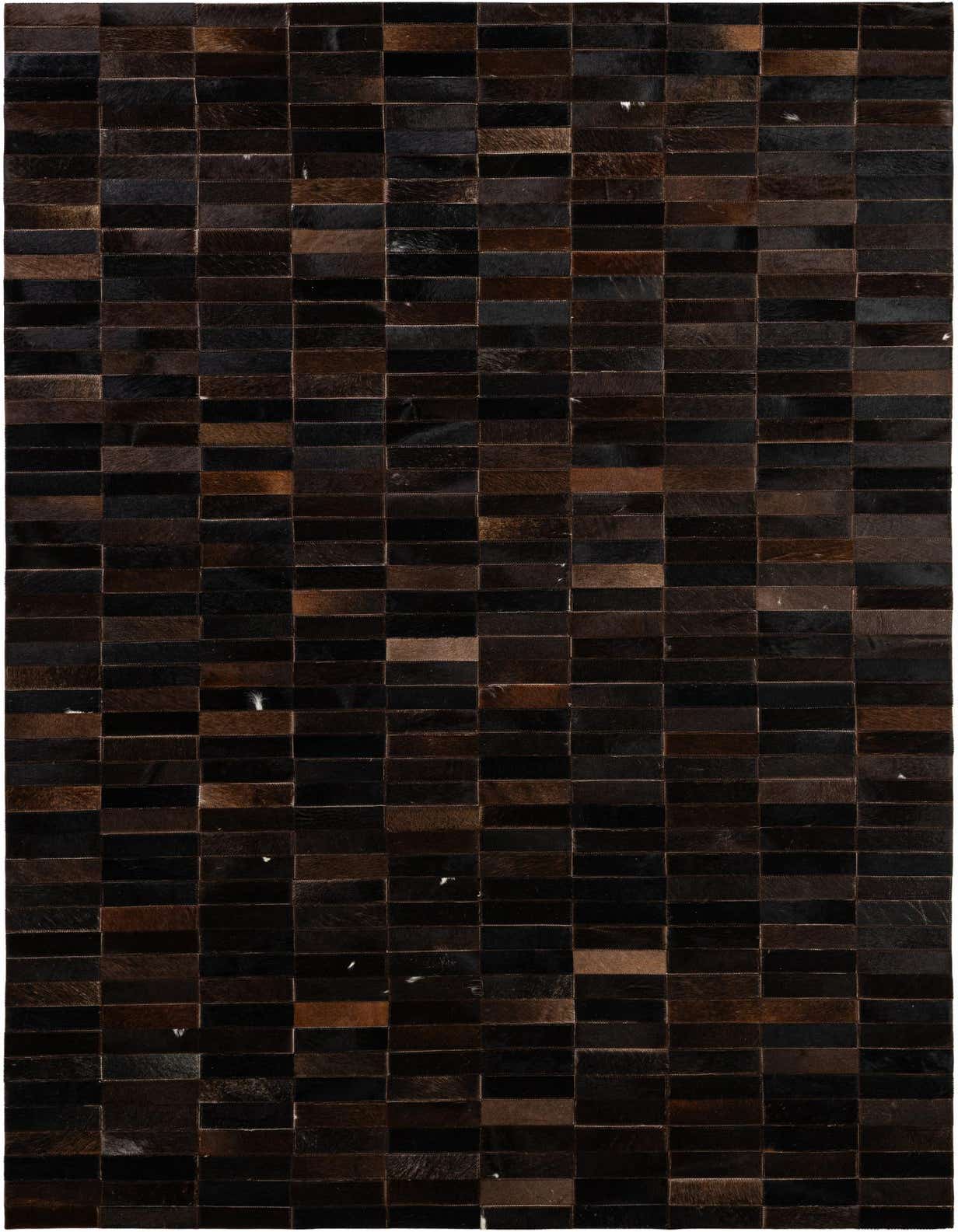 A rectangular 5x8 modern patchwork rug made from genuine cowhide and leather in varying shades of brown and tan.