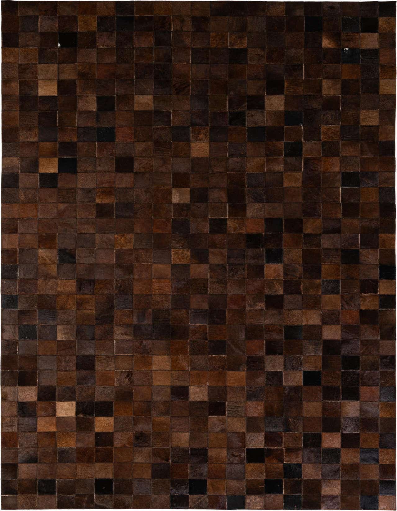 A 5x8 rectangular Cowhide Patchwork rug featuring varying shades of brown and tan squares, ideal for a modern living room.