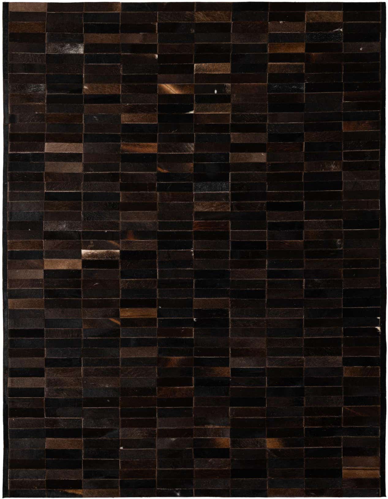 A 5x8 rectangular Cowhide Patchwork rug featuring varying shades of brown and tan leather strips arranged in a modern striped pattern.