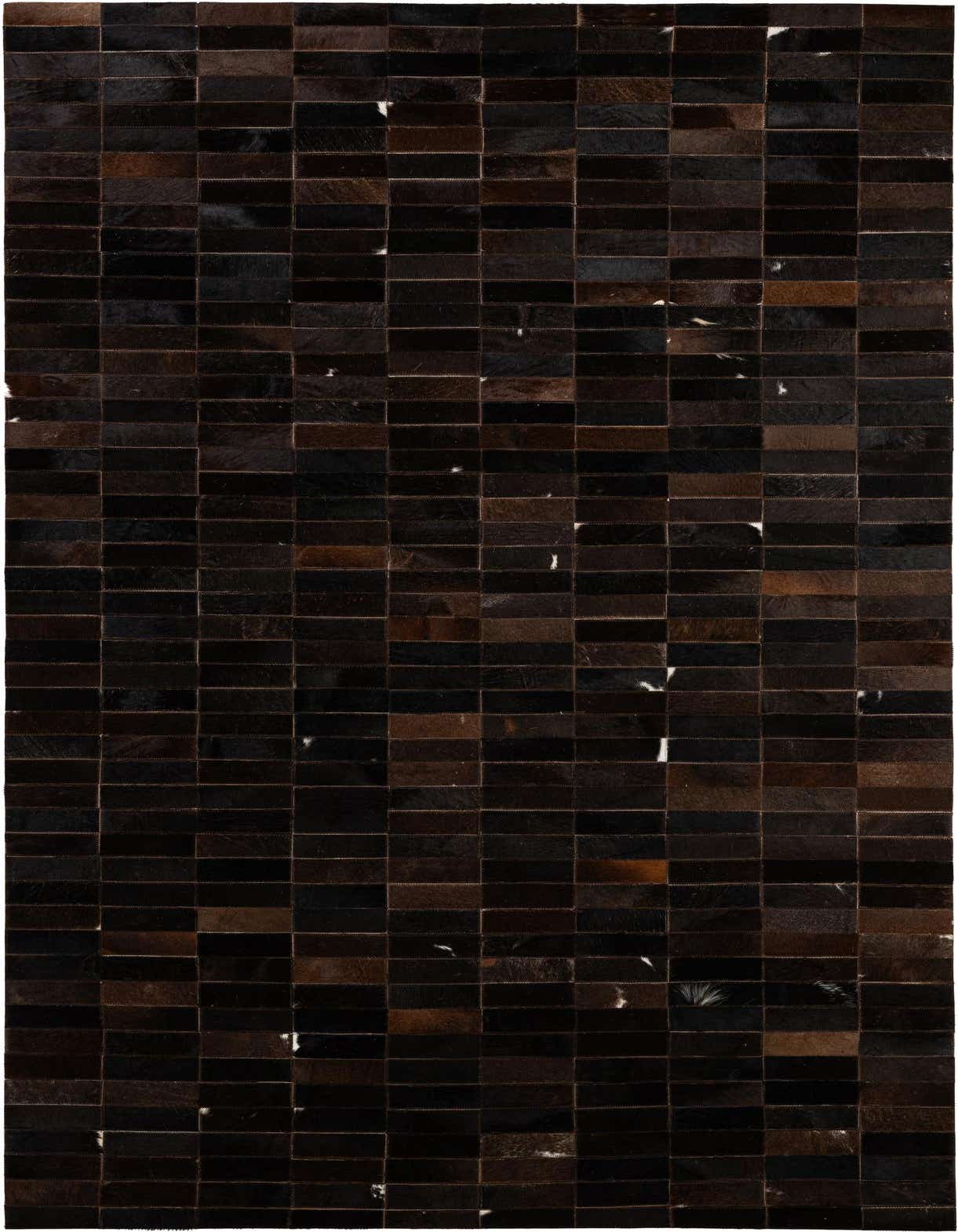 A 5x8 rectangular Cowhide Patchwork rug featuring varying shades of brown and tan leather rectangles stitched together, creating a modern, textured pattern.