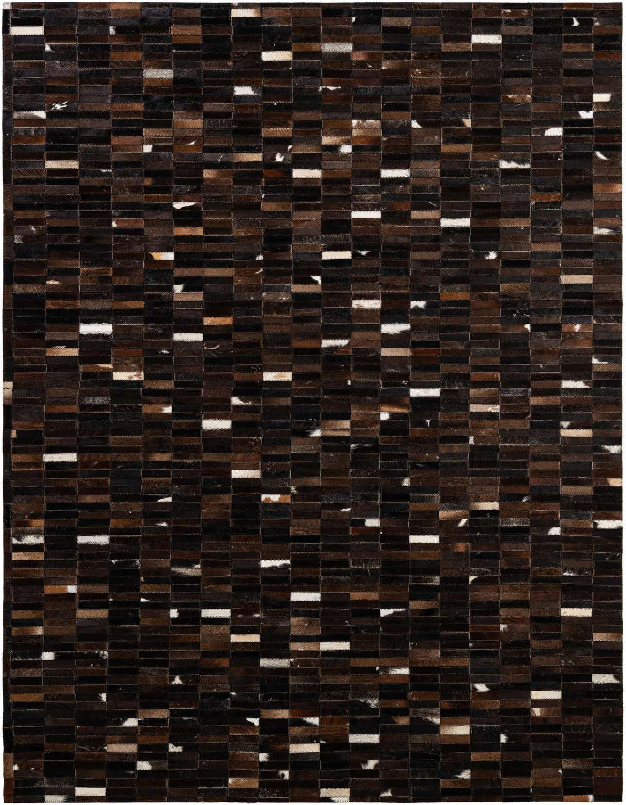 A 5x8 rectangular Cowhide Patchwork rug featuring a modern stripe pattern in various shades of brown, tan, and white.