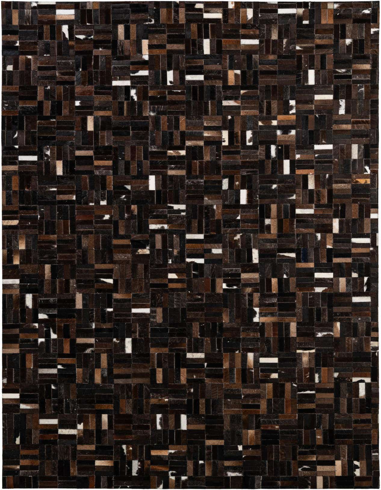 A 5x8 rectangular Cowhide Patchwork rug featuring a modern stripe pattern in various shades of brown, tan, and white.