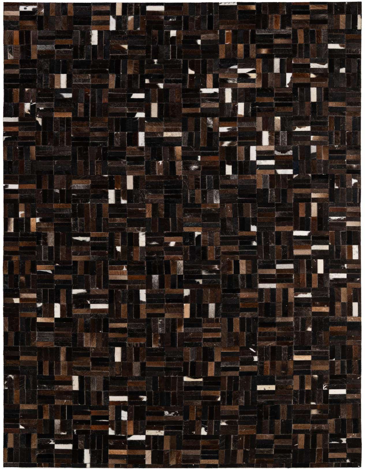 A 5x8 rectangular Cowhide Patchwork rug featuring a modern stripe pattern in various shades of brown, tan, and white.