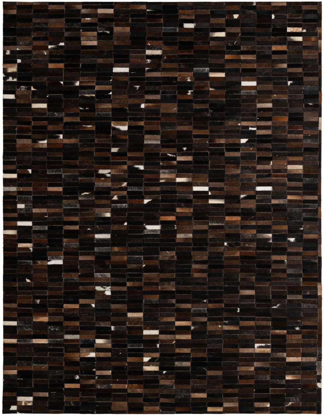 A 5x8 rectangular Cowhide Patchwork rug featuring a modern stripe pattern in various shades of brown and tan.