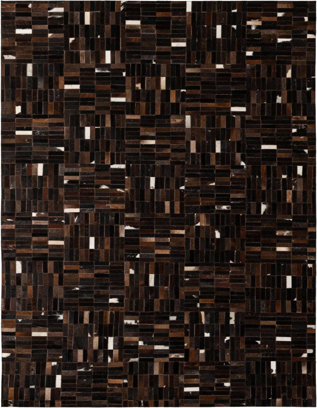 A 5x8 rectangular Cowhide Patchwork rug featuring a modern design with varied brown and tan leather pieces.