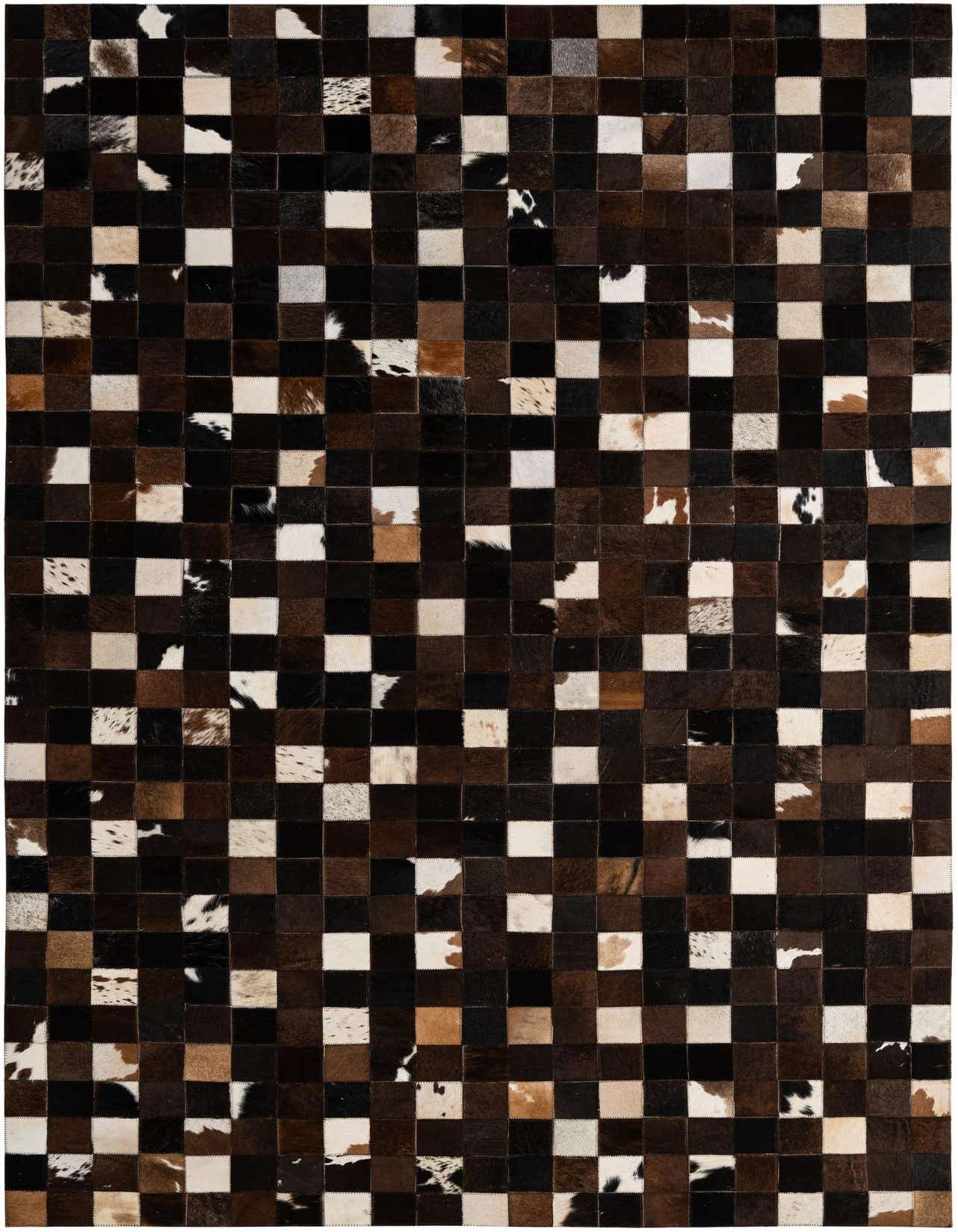 A 5x8 rectangular Cowhide Patchwork rug featuring a modern checkerboard pattern in various shades of brown, tan, black, and white.