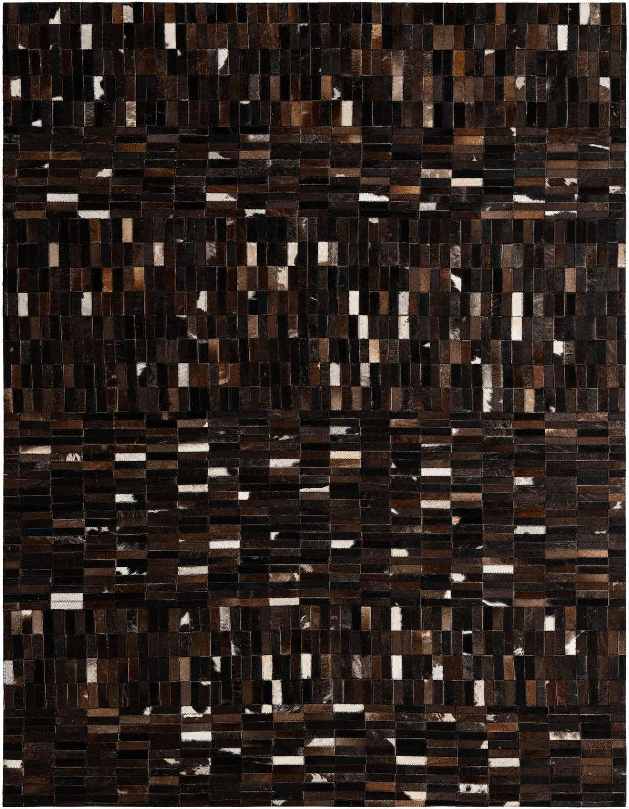A 5x8 rectangular Cowhide Patchwork rug featuring a modern stripe pattern in various shades of brown, tan, black, and white.