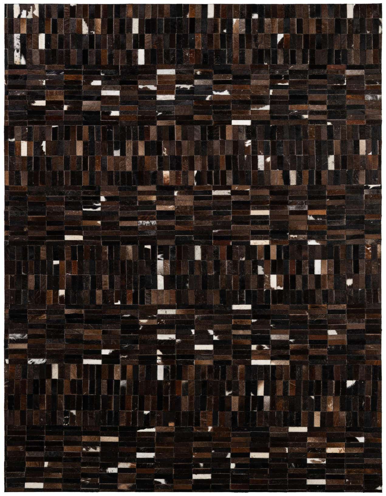 A 5x8 rectangular Cowhide Patchwork rug featuring a modern stripe pattern in various shades of brown, tan, and black with occasional white patches.