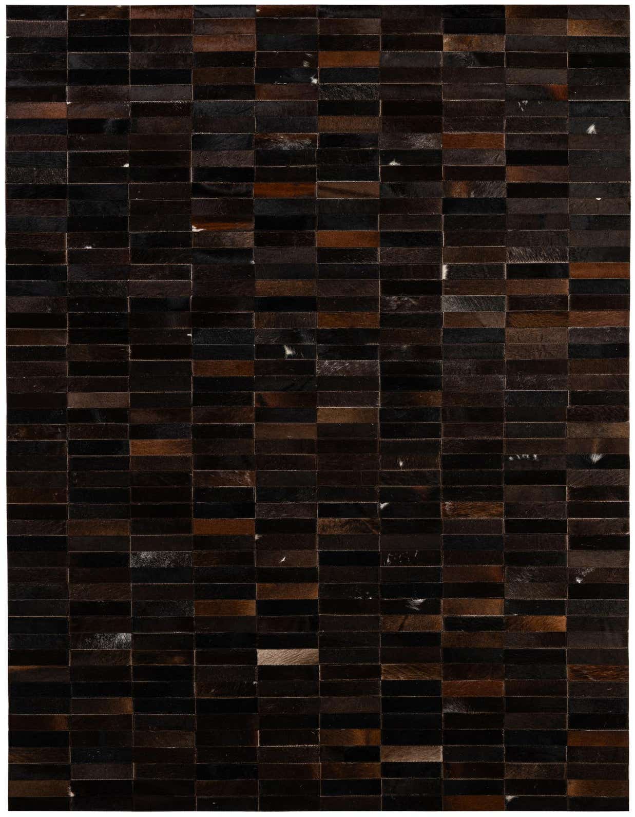 A 5x8 rectangular Cowhide Patchwork rug featuring a modern pattern of various brown and tan leather rectangles.