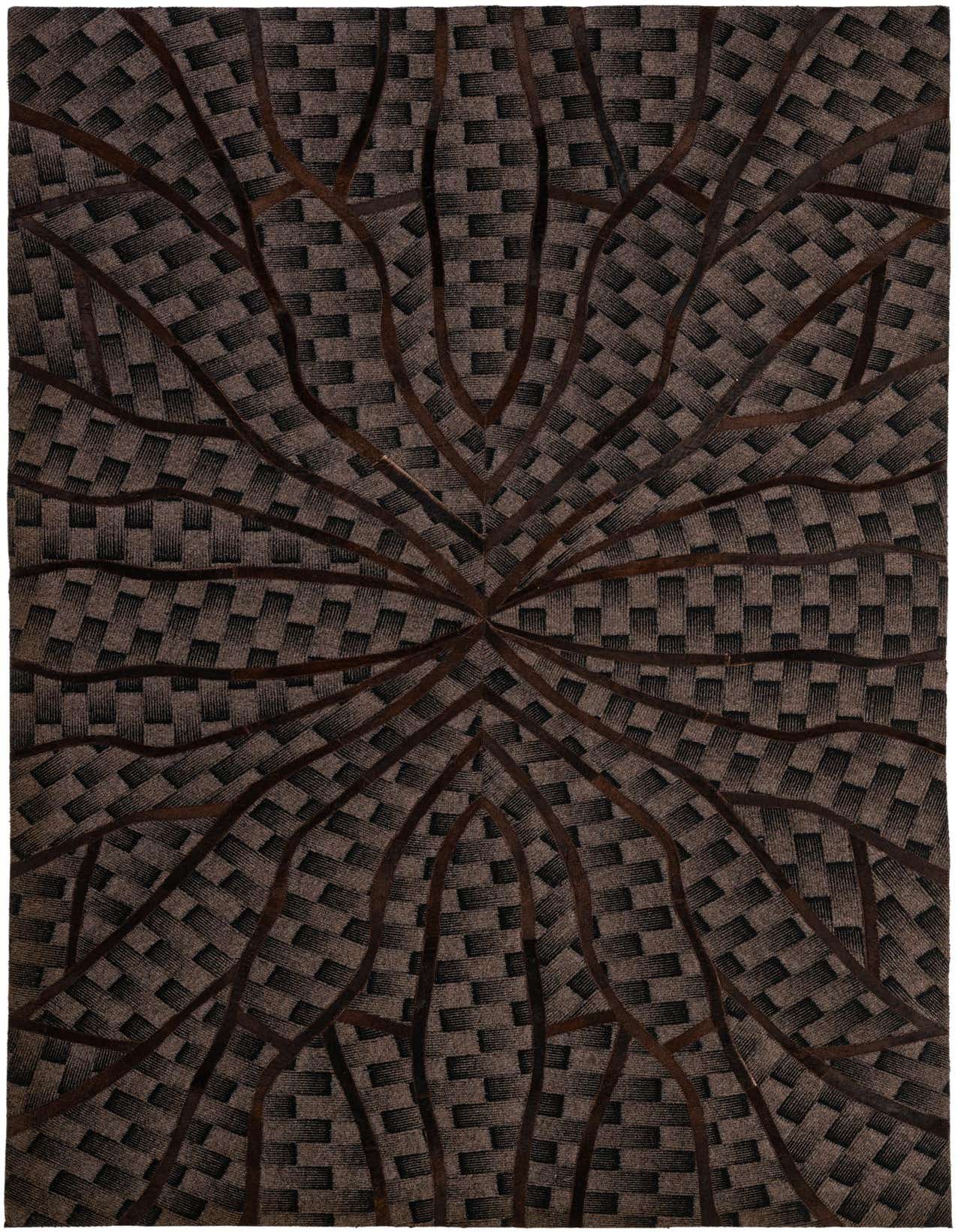 A 5x8 rectangular Cowhide - Patchwork rug featuring a modern, abstract pattern of brown and tan woven squares with radiating leather strips.