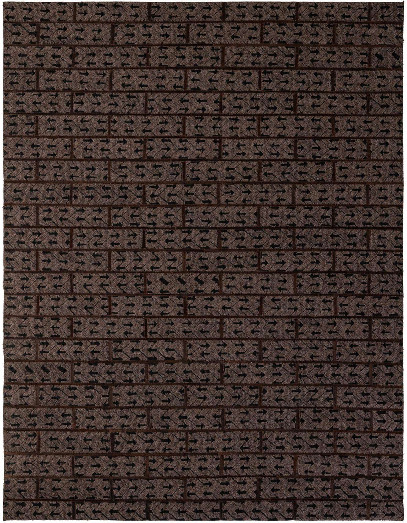 A 5x8 rectangular Cowhide - Patchwork rug featuring a modern brick-like pattern in various shades of brown and tan, suitable for an indoor living space.
