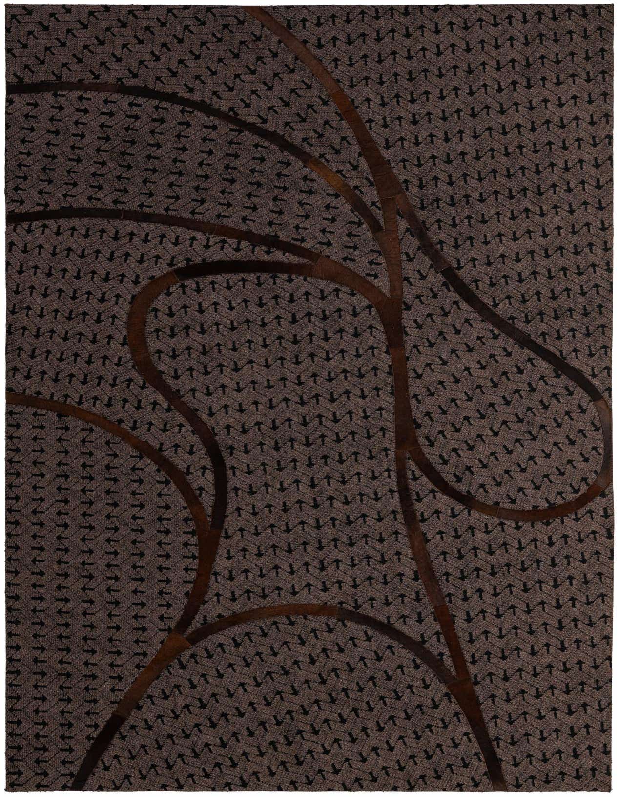 A 5x8 rectangular Cowhide - Patchwork rug featuring an abstract design with dark brown leather strips over a textured tan and brown patterned base.