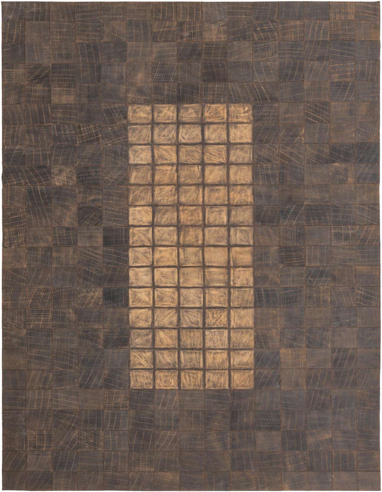 A 5x8 rectangular Cowhide Leather rug featuring a modern block pattern in varying shades of brown and tan, with a lighter tan rectangle in the center.