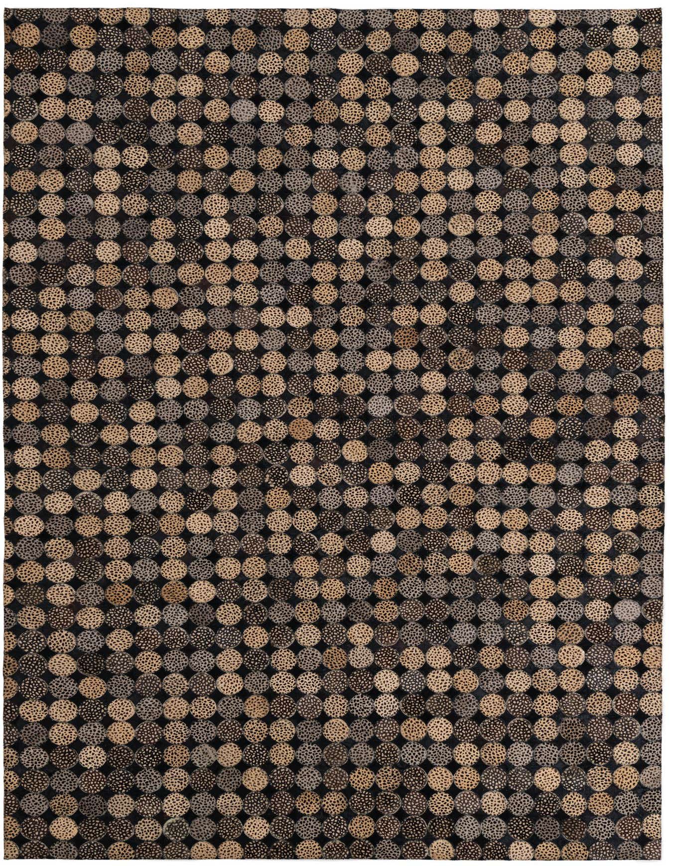 A 5x8 rectangular Cowhide Leather rug featuring a modern abstract pattern of brown and tan spotted circles on a dark background.