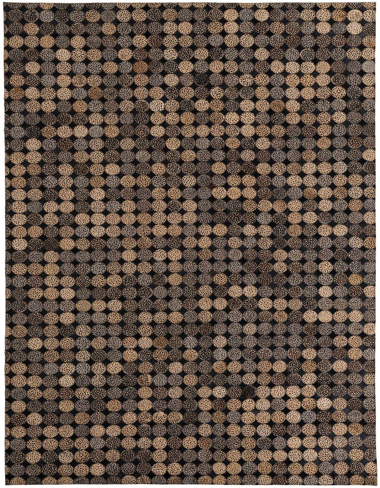 A 5x8 rectangular Cowhide Leather rug featuring a modern pattern of various brown and tan spotted circles on a dark background.