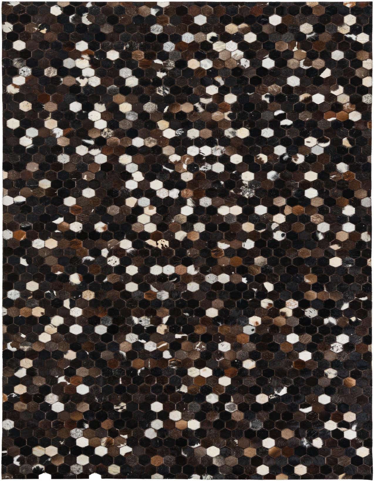 A 5x8 rectangular Cowhide Leather rug featuring a modern mosaic pattern of small hexagonal tiles in various shades of brown, tan, black, and white.